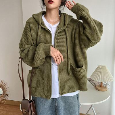Cappotto cardigan maglione sciolto con cappuccio da donna Top lavorato a maglia tinta unita