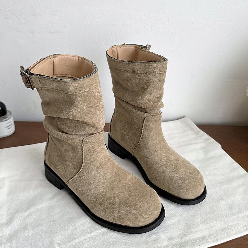 

Retro short boots women s 2025 autumn and winter new versatile medium tube knight stacking boots flat-bottomed sleeve suede Martin boots 35 абрикосовый