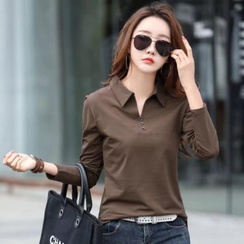 Women's Bottoming Shirt Spring and Summer New Solid Color Large Size Long-sleeved POLO Collar Slim Slimming Simple Outer Wear T-shirt