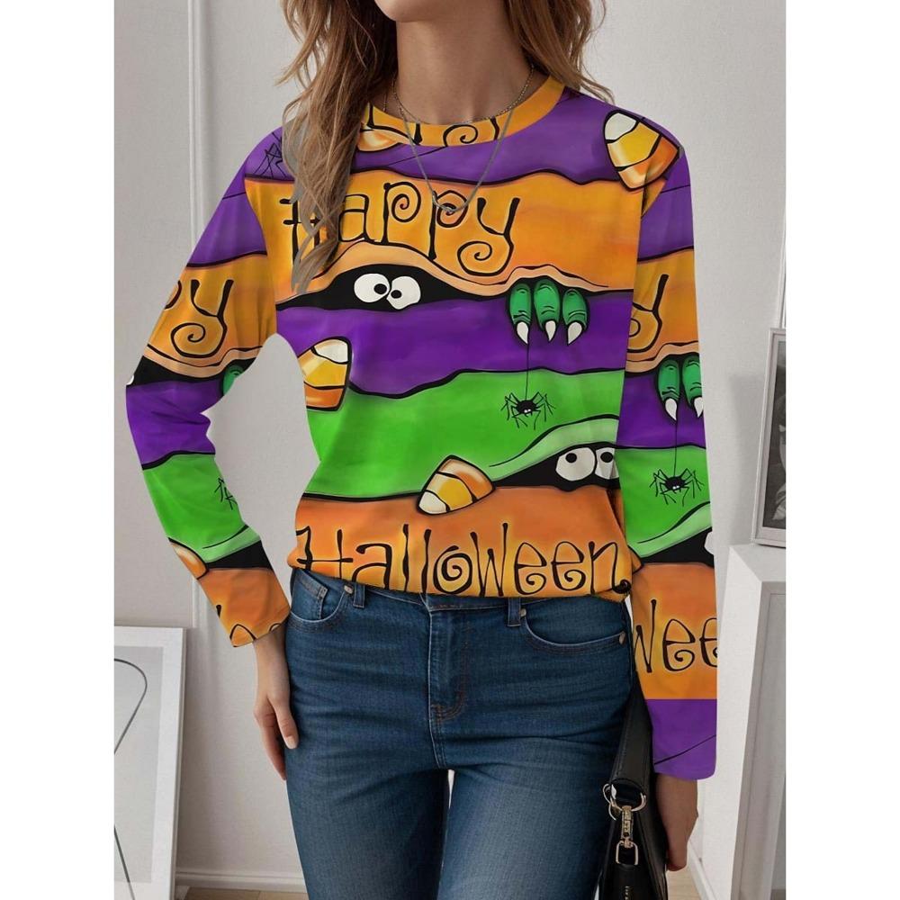 

Fashion Women s T shirt Tee Ombre Print Halloween Casual Holiday Fashion Long Sleeve T-shirt O-Neck Yellow Sweatshirt Pullover XS