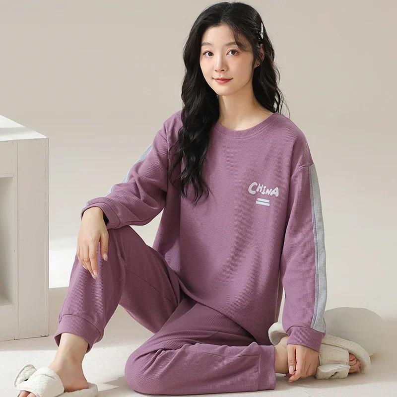 Autumn Winter Waffle Cotton Pajamas for Women Long Sleeves Home Wear Casual Sports Pijamas Round Collar Woman Sleepwear