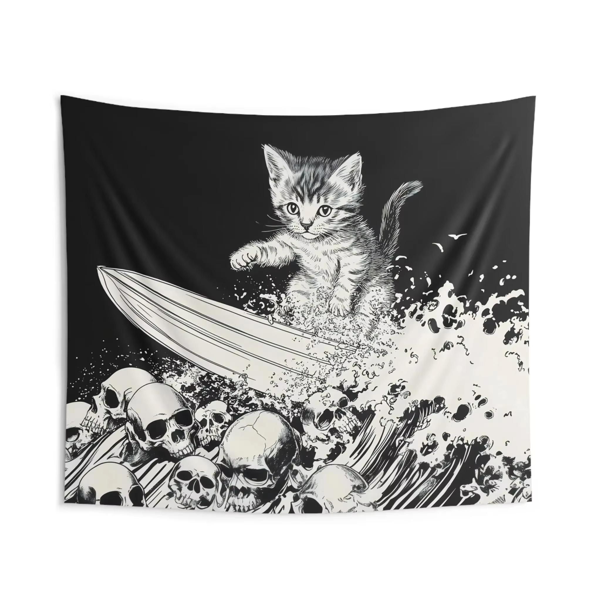 

Heavy Metal Kitten Tapestry Skull Surfing Cat Wall Art MTG Inspired Unhinged Decor Funny Sea of Bones Background 74x94cm(29x37in)
