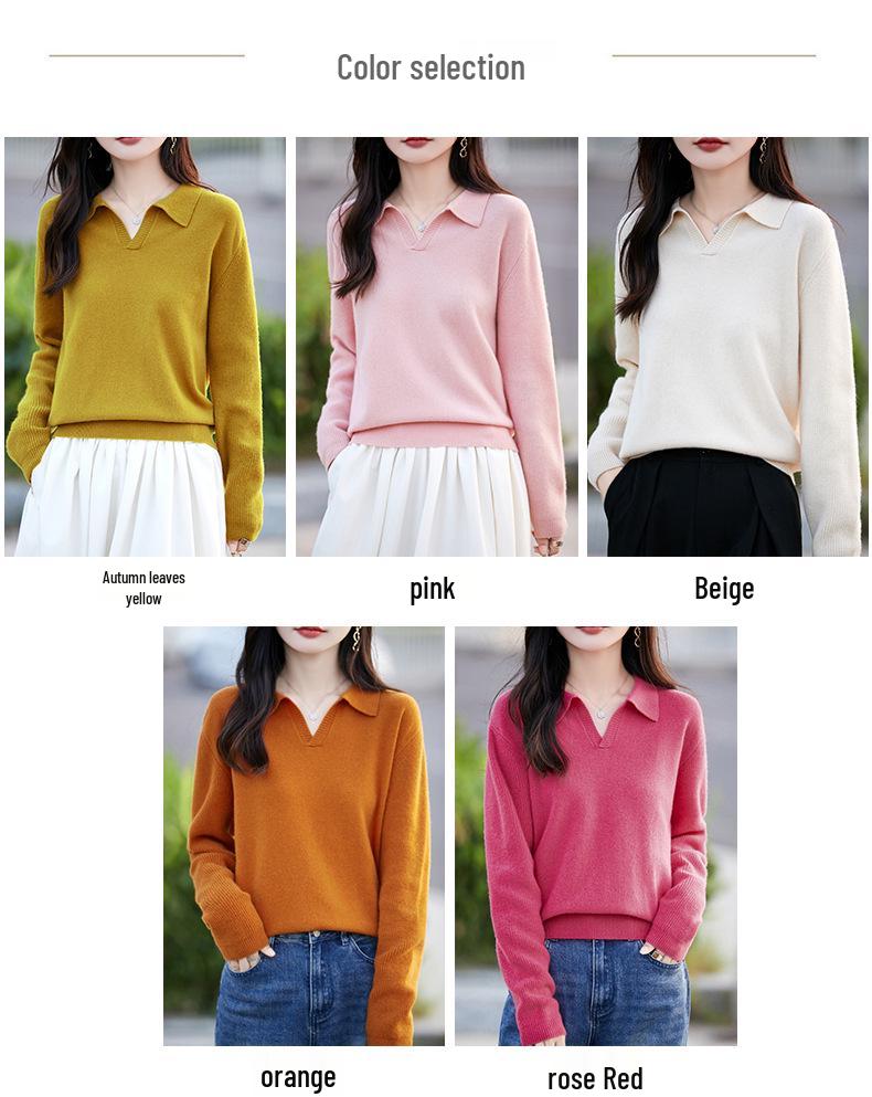 2026 Women's Pure Wool Polo Collar Loose Knit Sweater - Solid Color, Versatile, Casual Base Layer.