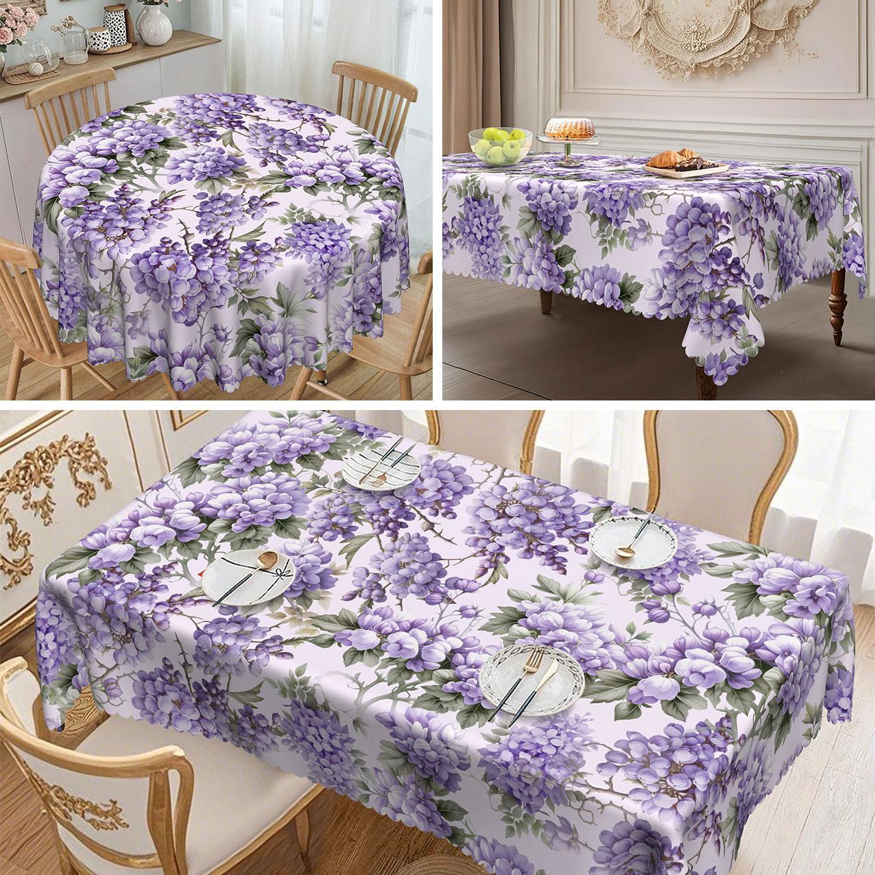 

1 шт. Фиолетовая скатерть с цветочным рисунком, Водонепроницаемый полиэстер, 4 размера для обеденных столов в помещении/на открытом воздухе round tablecloth-152x152cm