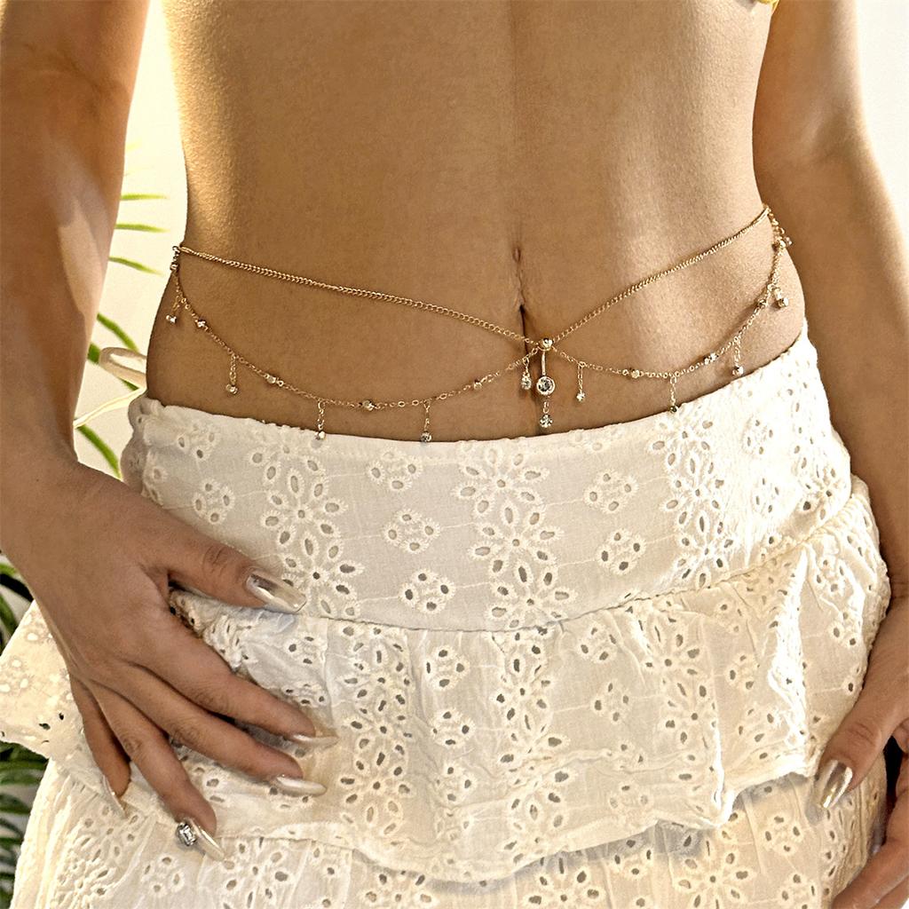 Cadena Cruzada de Doble Capa con Circonita Cúbica Anillo para Ombligo Cadena para la Cintura para Mujer Tono Dorado Cadena Corporal Ajustable Joyería para el Vientre