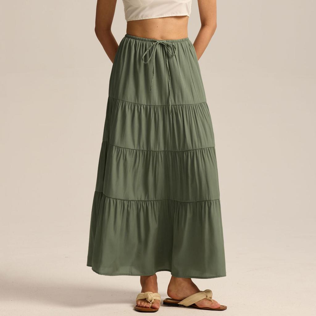 Women's Cotton Skirt High Waist Elastic Lace-up Large Swing Skirt Loose Stitching Long Skirt