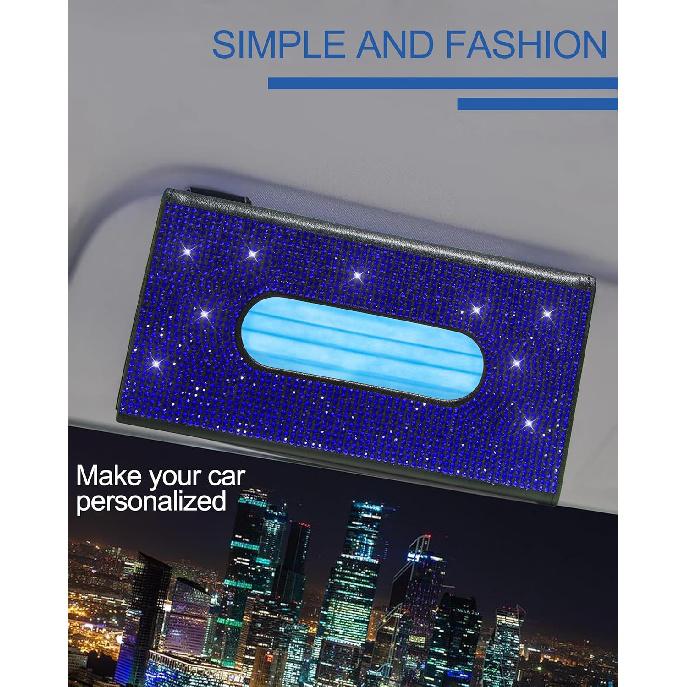 Bling Car Sun Visor Tissue Box Holder,PU Leather With Bling Crystal Rhinestones Tissue Holder,Car Accessories For Women (Blue)