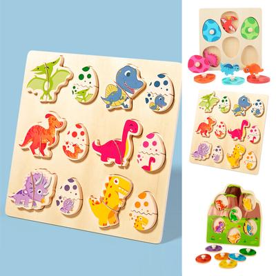 1 sada Drevená dinosauria puzzle doska 3D Kreslená Dino vajíčko Spárovacia doska