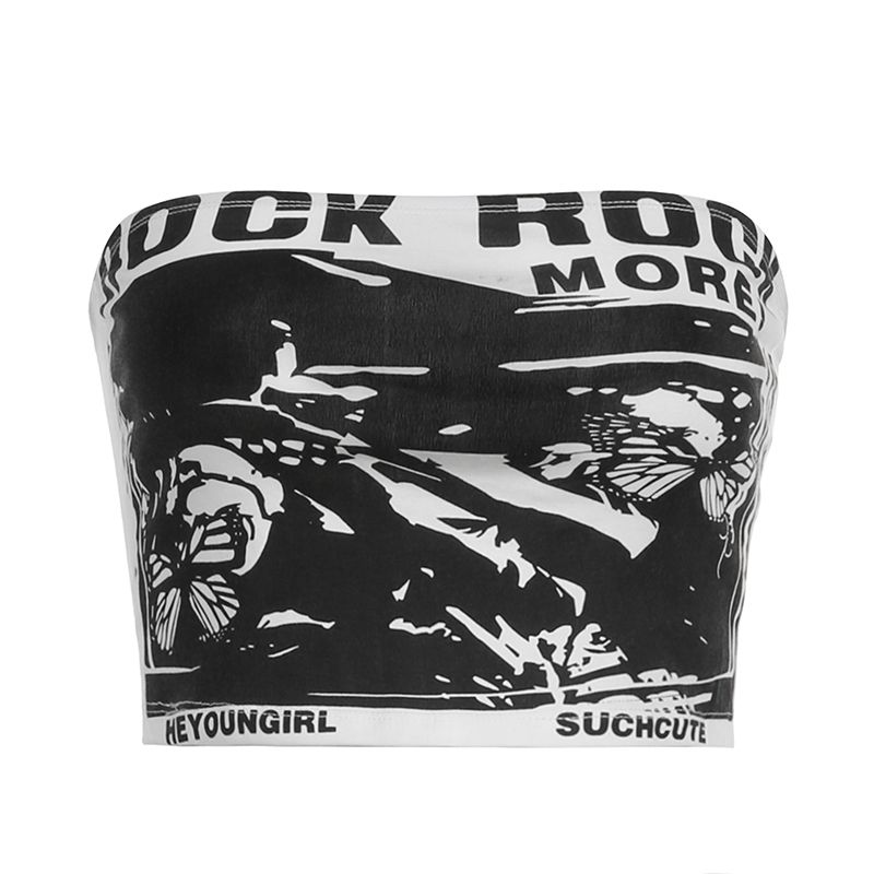 

American Street Black and White Abstract Butterfly Print Tube Top White L