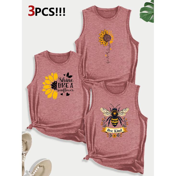 Sunflower and Bee Combination Gift Print Pattern Round Neck3Pack of Sleeveless Vests for Women In Spring, Summer, and Autumn
