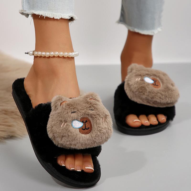 Fashion Winter Cute Cartoon Capybara Plush Slippers for Women Comfortable Soft Sole Indoor House Shoes Woman Non Slip Fluffy Fur Slides
