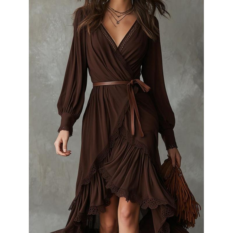 

Spring new European and American Bohemian style ruffle leaf edge hem lace splicing long dress V-neck long sleeve S темно-коричневого