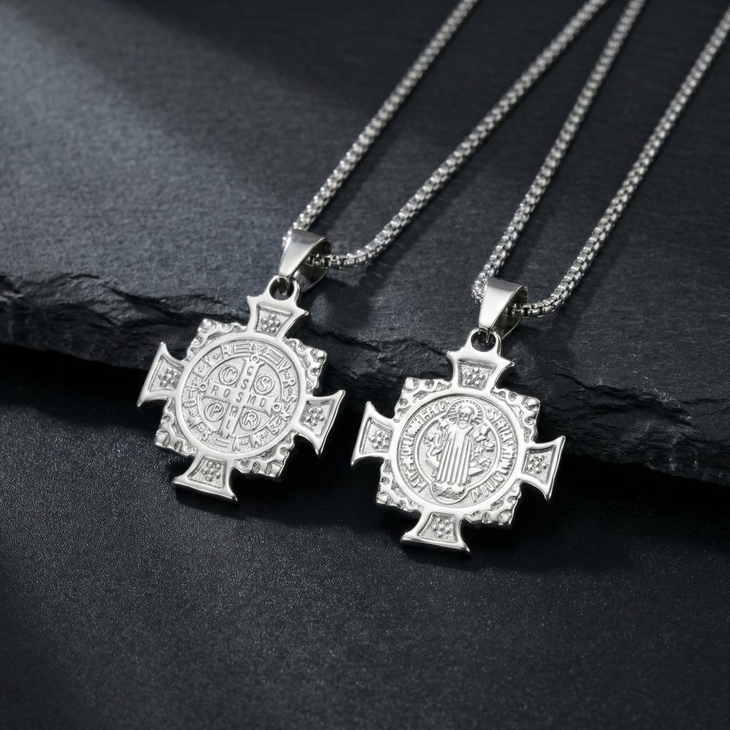 Saint Benedict Medal Pendant Necklace for Men,Waterproof Stainless Steel Saint Benedict Pendant,Faith Prayer Jewelry
