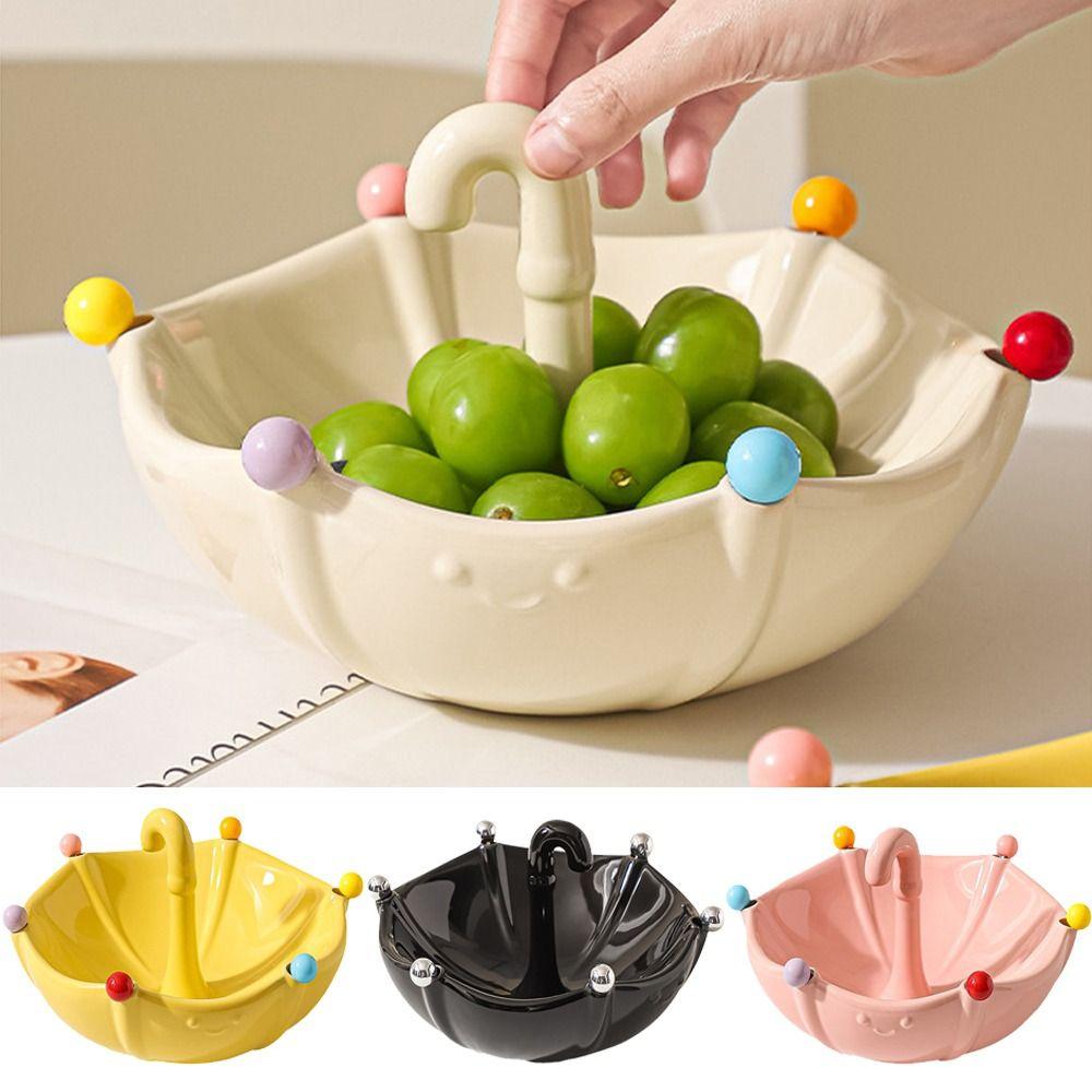 Umbrella Shaped Ceramic Fruit Bowl with Fork with 6 Forks Large Capacity Fruit Basin Fork Set Stainless Steel Fork Reusable