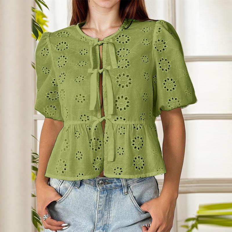 

ZANZEA Женская кружевная круглая горловина Повседневная кружевная блузка с коротким рукавом в стиле пэчворк M зелёный