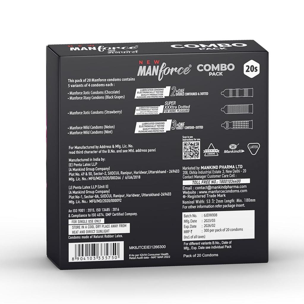 Manforce 5 In 1 Condoms Combo Pack, Assorted Flavours (Chocolate, Strawberry, Black Grapes, Mint & Melon Flavoured Condoms) - 20 Pieces (Pack of 5)