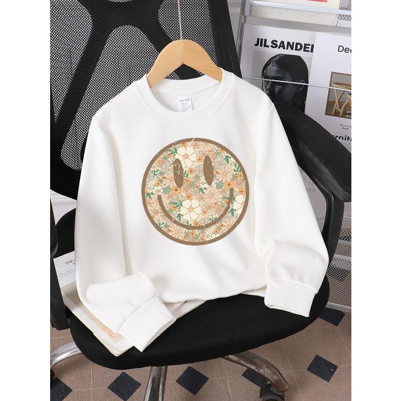 Kids Crewneck Sweatshirt, Floral Smile Face Pattern Print, Soft Comfort Pullover 110 белый