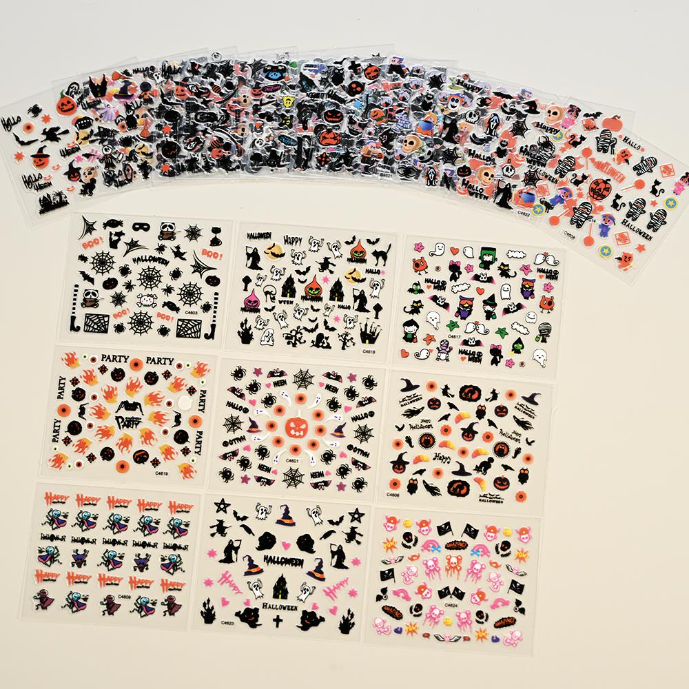 24 Sheets 3D Colorful Halloween Nail Art Stickers Self-adhesive Evil Pumpkins/bats/spiders/owls Nail Decals Y2K November1st Nail