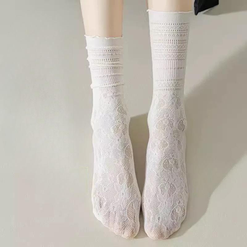 White Socks for Women, Black Ear-trimmed Pile Socks, Thin Lace Lace Mid-calf Socks, Versatile for Spring and Summer, Mesh Breathable Women's Socks