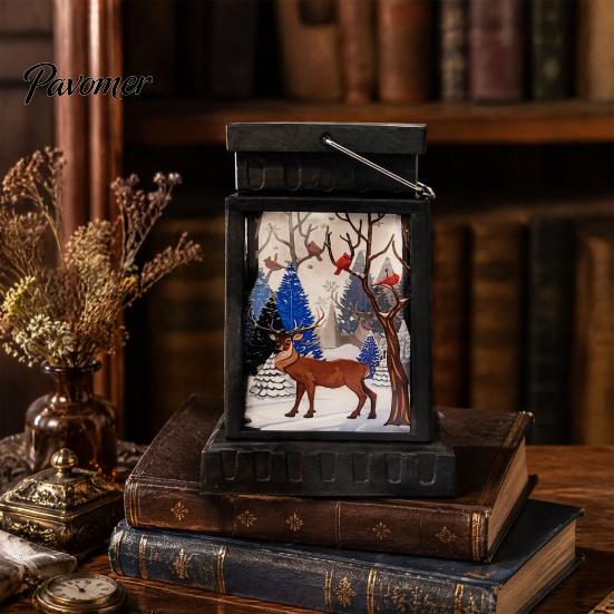 Warm LED Lantern Retro Christmas Night Light, Hand Painted Miniature Fairy Tale for Cozy Living Room Light Holiday Home Decor, Plastic Decorative Lamp