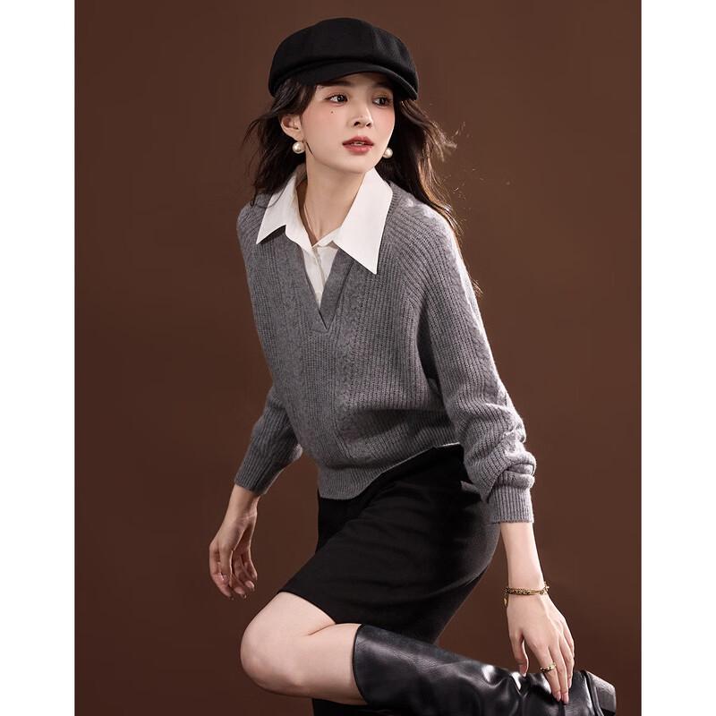 Demana Merino Wool Faux Two-piece Jacquard Knit Sweater L