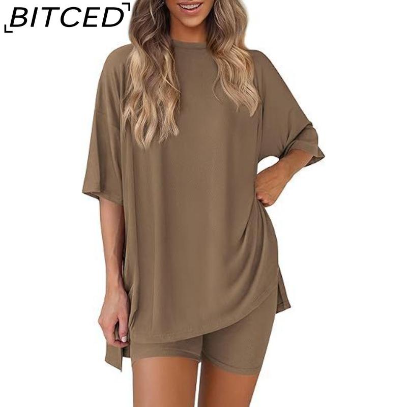 BITCED Women's Spring/Summer Loose-Fit Fashion Solid-Colour Casual Short-Sleeved Top and Shorts Two-Piece Set