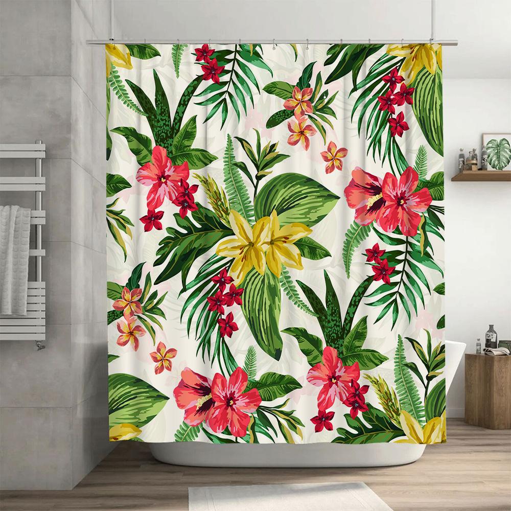 Greenery Floral Shower Curtain Waterproof Fabric Bath Decor, Tropical Style 3D Printing Watercolor Bathroom Tarp Pink Yellow Red