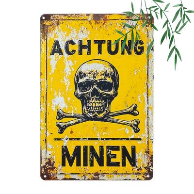 Vintage Znak Metalowy Achtung Minen Niemiecka Strefa Zagrożenia Sztuka Ścienna Rustykalny Wzór Czaszka i Skrzyżowane Kości do Domowego Baru Kawiarni