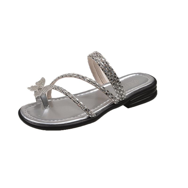 Beautiful Silver Cool Slippers Women's Summer Wear 2025 New Flat-bottomed Rhinestone Butterfly Cover Toe Two Wear Beach Slippers