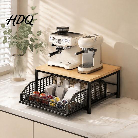 Coffee Capsule Drawer Organizer Maker Storage Rack with Drawer Two Tier Countertop Organizer Wood Kitchen Counter Top And Metal Basket Holder