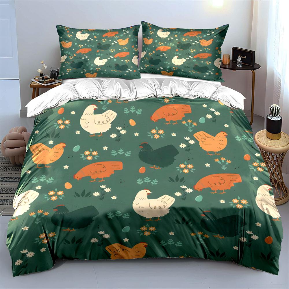Farmyard Chicken Pattern Bedding Duvet Cover Set (1*Duvet Cover 2*Pillowcases, Without Duvet Insert)