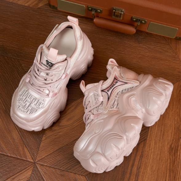 10CM Air Mesh Microfiber Leather Women Shoes Vulcanize Chunky Sneakers Spring Platform Wedge Skateboard Casual Hidden Heel Shoes