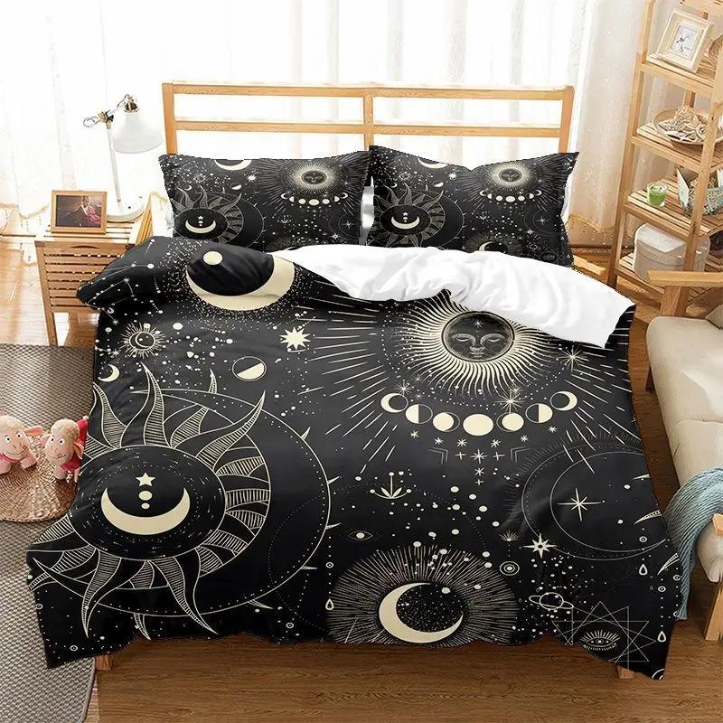 Sonne Mond Bettbezug KingQueen Größe, Galaxie Boho Exotisches Bettwäscheset Schwarz Gold Astrologie Himmlisch Polyester Steppdecke