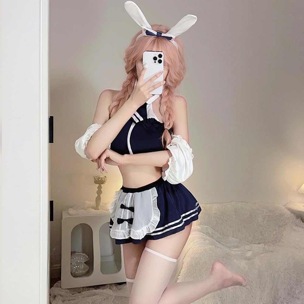 Bunny Girl Maid Clothes Apron School Swimsuit Blue Open Chest Sexy Cosplay Reverse Bunny Open Back Extremely Sexy Erotic Baby Doll Cute Headband