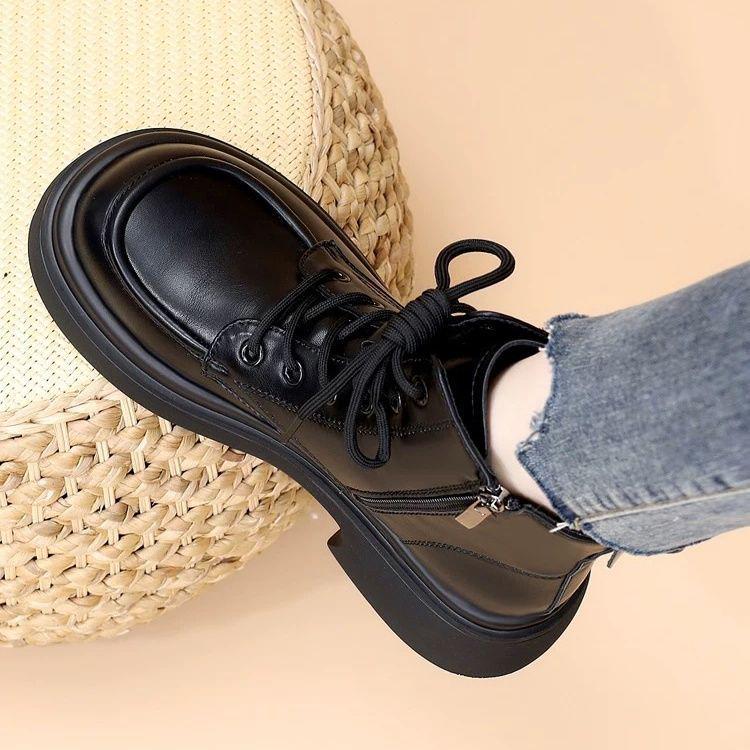 Women's Autumn/Winter Soft Leather Martin Boots, British Style, Mid Heel, Plus Cotton, Thick Sole, Versatile Ankle Boots