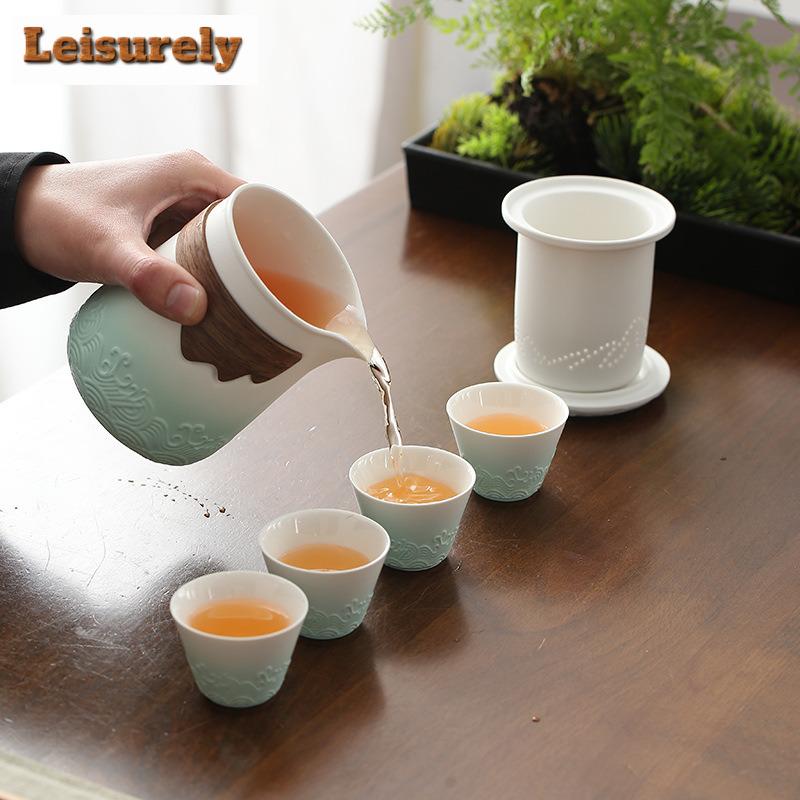 Teapot And Tea Cup Set Kit  Tea Making Travel Tea Set Outdoor Portable Bag Chinese Sea Wave Tea Set Supplies 1 Bowl 4 Cups Gifts