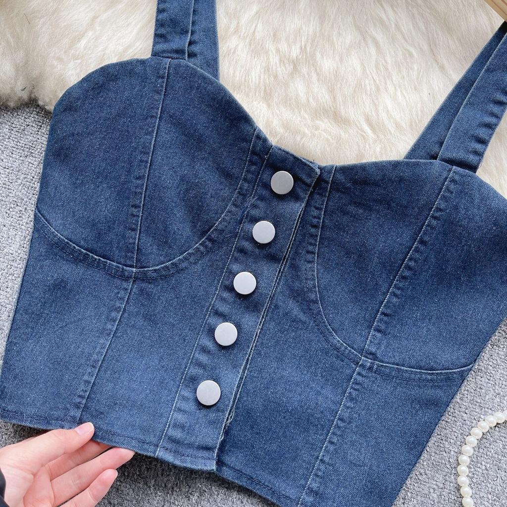Hongkongský styl Retro Džínový top Dámský Design Jednořadé Slim fit Krátký Pupík Sexy Gyaru Sle Cami Móda