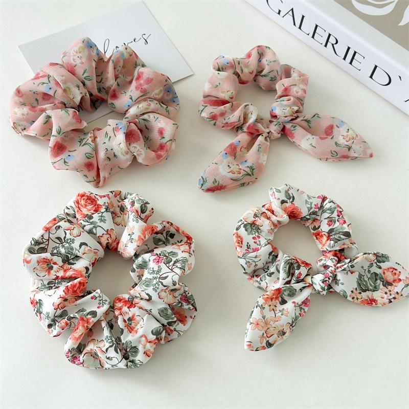 Romantic Floral Print Scrunchies Soft Chiffon Hair Ties Summer Sweet Garden Style Hair Accessories For Teen Girls Party