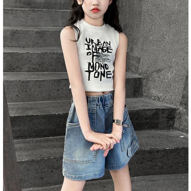 Summer Girls' Denim Shorts Cropped Pants Work Pants Versatile Jean Wide Leg Trendy Versatile Loose Pants for Children
