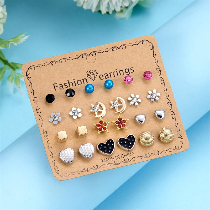 European & American Gold Fashion 12-Pair Rhinestone Stud Earring Set: Hearts, Feathers, Figure 8, Stars