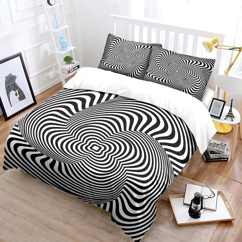 Black and white optical vortex Bedding Set for Kids Luxury Gift 3pcs Digital Print Comforter Set Soft Comfortable Breathable
