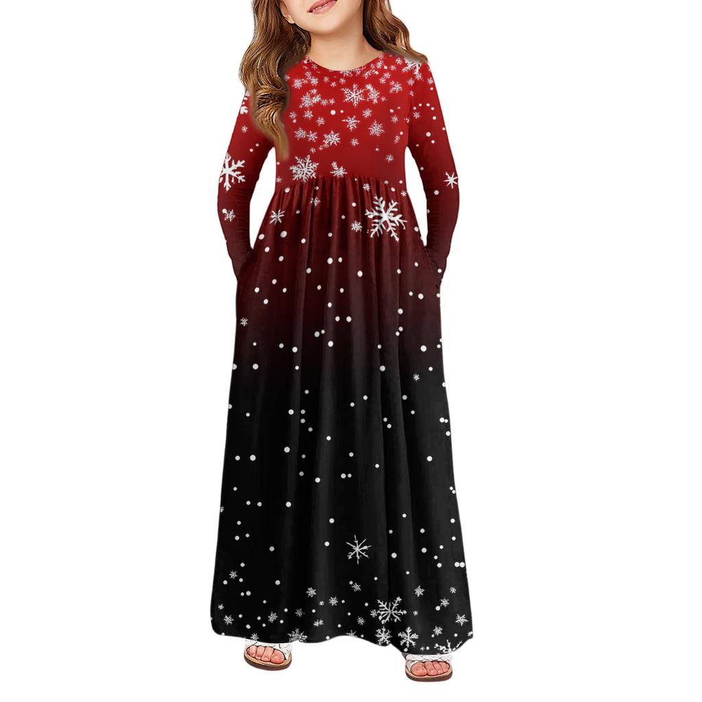 Girls' Maxi Dress - Long Sleeve Pocket Dress Christmas Day