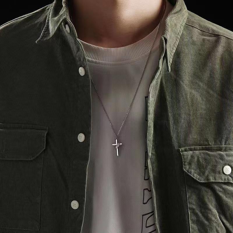 Trendy Men's Cross Necklace Personalized Cool Hip Hop Pendant Korean Version Long Style