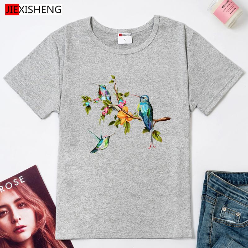Birds And Flowers Print Women T-Shirts Summer Casual Short Sleeve O Neck Tops Tees 5 Colors Cute Women's Clothing