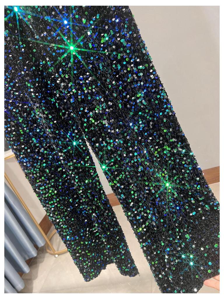 Women's Korean Velvet Sequined Wide-Leg Pants: Slim-Fit, Floor-Length, Shiny Drape Casual Wear for Autumn and Winter