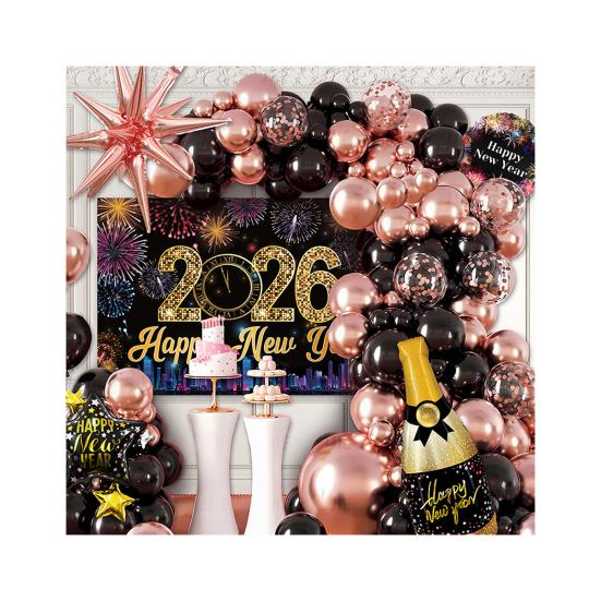 2026 New Year Decoration Black Gold Silver Latex Balloons Foil Letter Balloon Banner Set for New Years Eve Prom Party Supplies