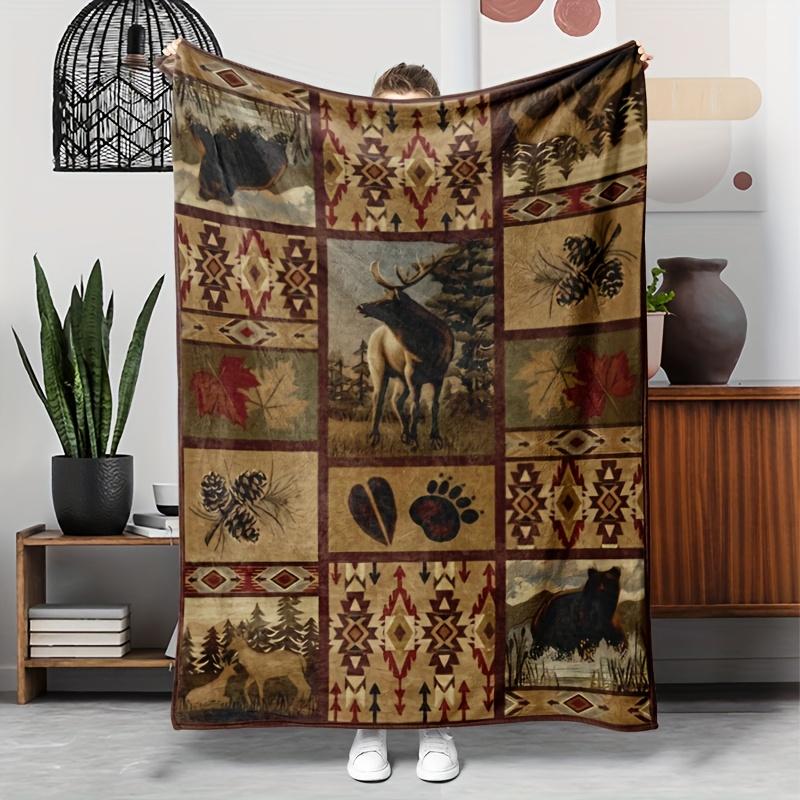 1pc Vintage Moose & Forest Print Flannel Blanket - Soft Warm All-Season Throw for Couch, Camping, Travel - Rustic Cabin Decor Gift for Family & Friend