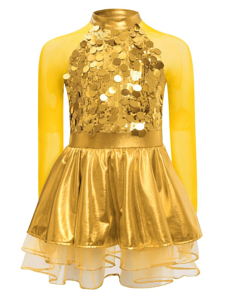 Mädchen Metallic Tutu Kleid Pailletten Durchsichtiges Mesh Langarm Design Schlüsselloch Rücken Funkelndes Tanzkostüm