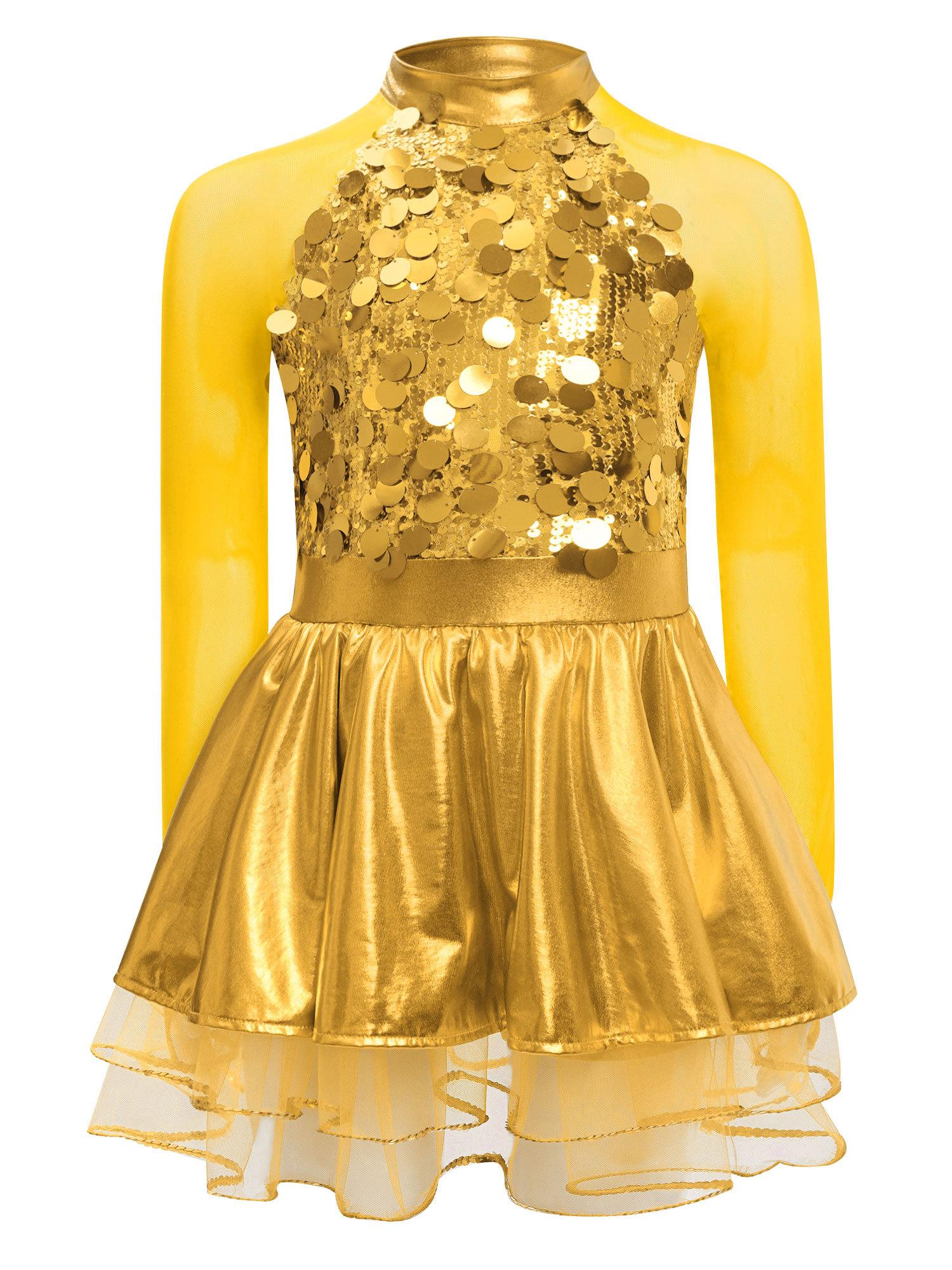 

Girls Metallic Tutu Dress Sheer Mesh Long Sleeve Keyhole Back Sparkling Sequins Performance Outfit 5-6 Years жовтий