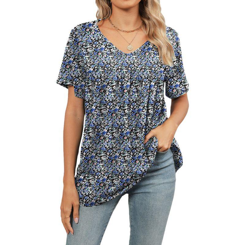 Short-Sleeve V-neck Short-Sleeve Top European and American Flower Short sleeve T-shirt Top Women